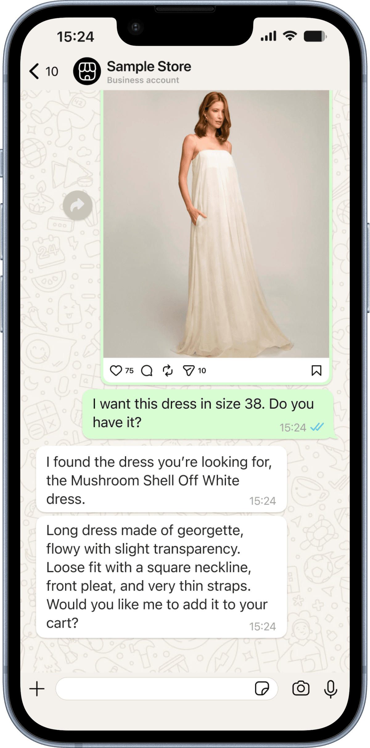 WhatsApp conversation showing a customer asking for a dress and receiving product assistance from a store.