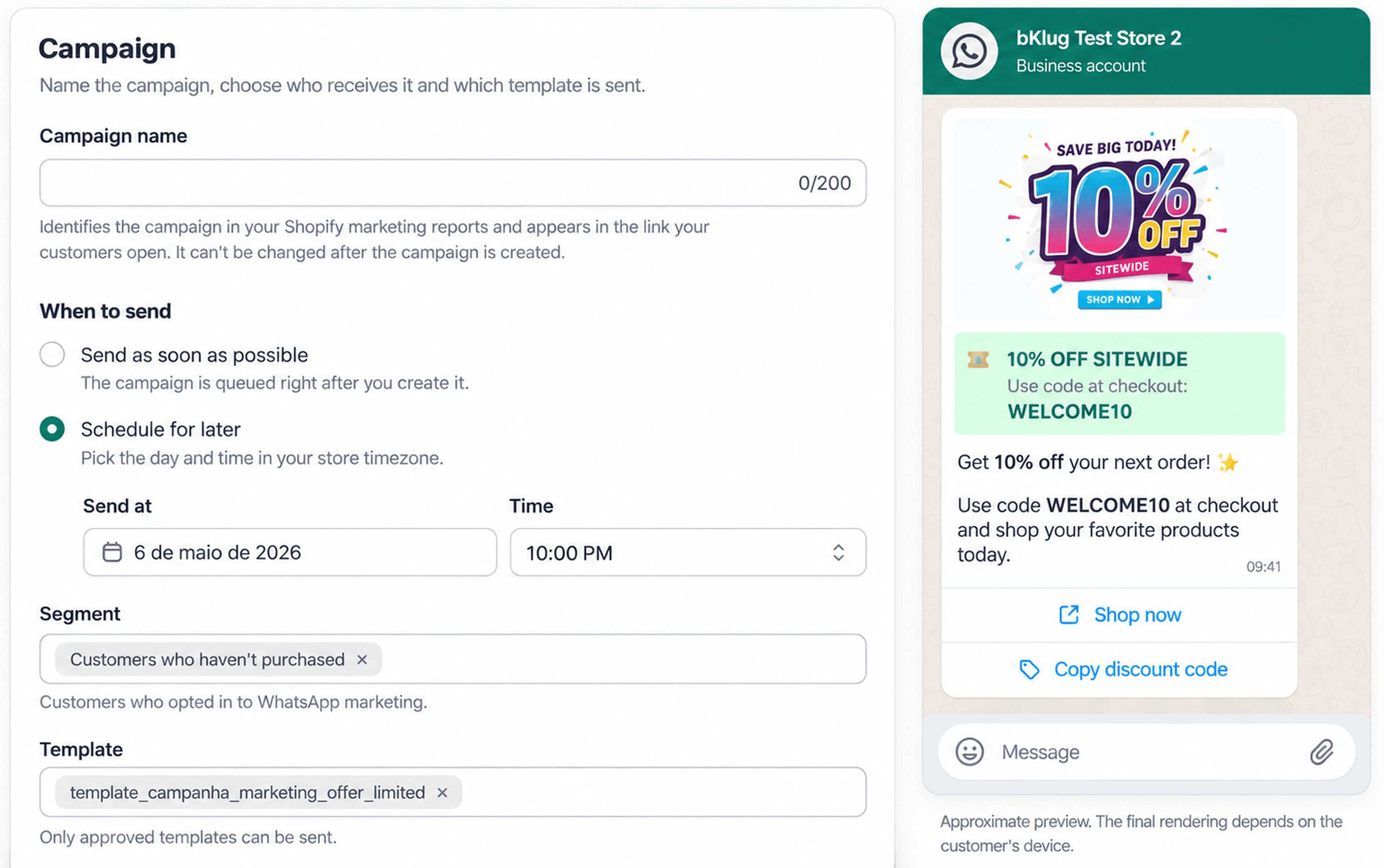 Lo strumento per creare campagne di bklug.ai, con pubblico, programmazione e anteprima del messaggio WhatsApp.